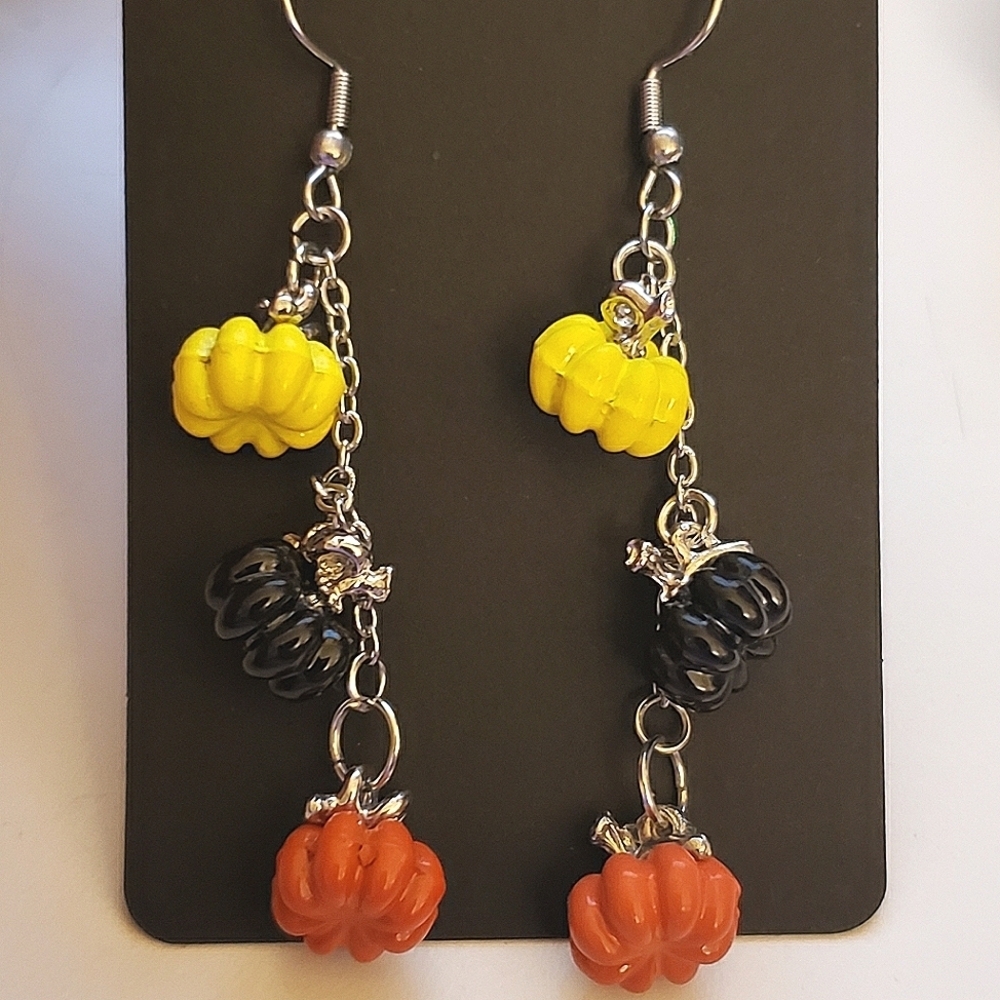 Handmade Halloween Fall Yellow Orange Black Pumpkin Dangle Chain Earrings